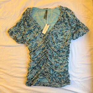 NWT Anthropologie Floral Ruched V-Neck Women’s Top - Blue